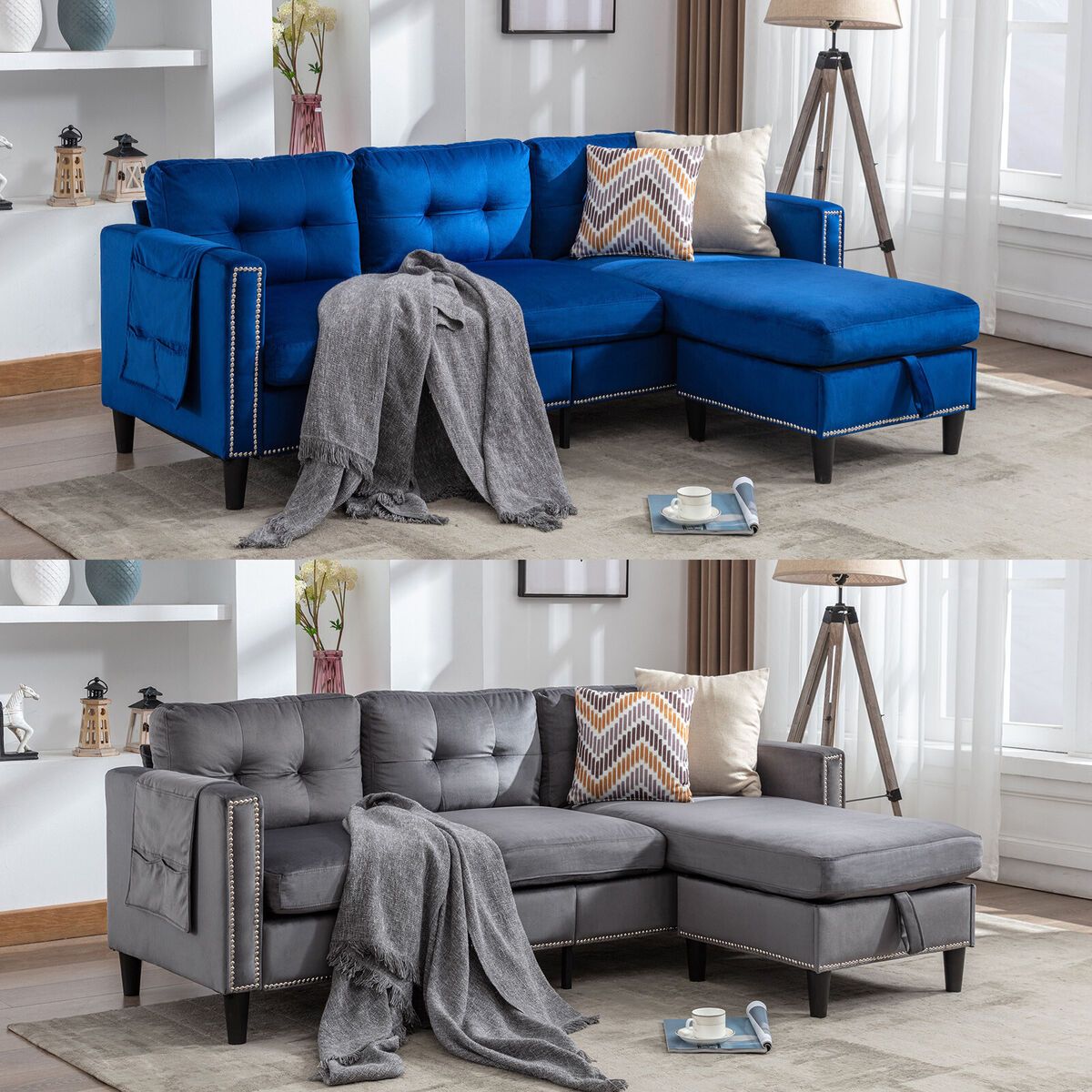 Gray/blue Velvet L Shape Convertible Sofa Couch Reversible Chaise W/  Storage,usb | Ebay Intended For L Shape Couches With Reversible Chaises (View 14 of 15)