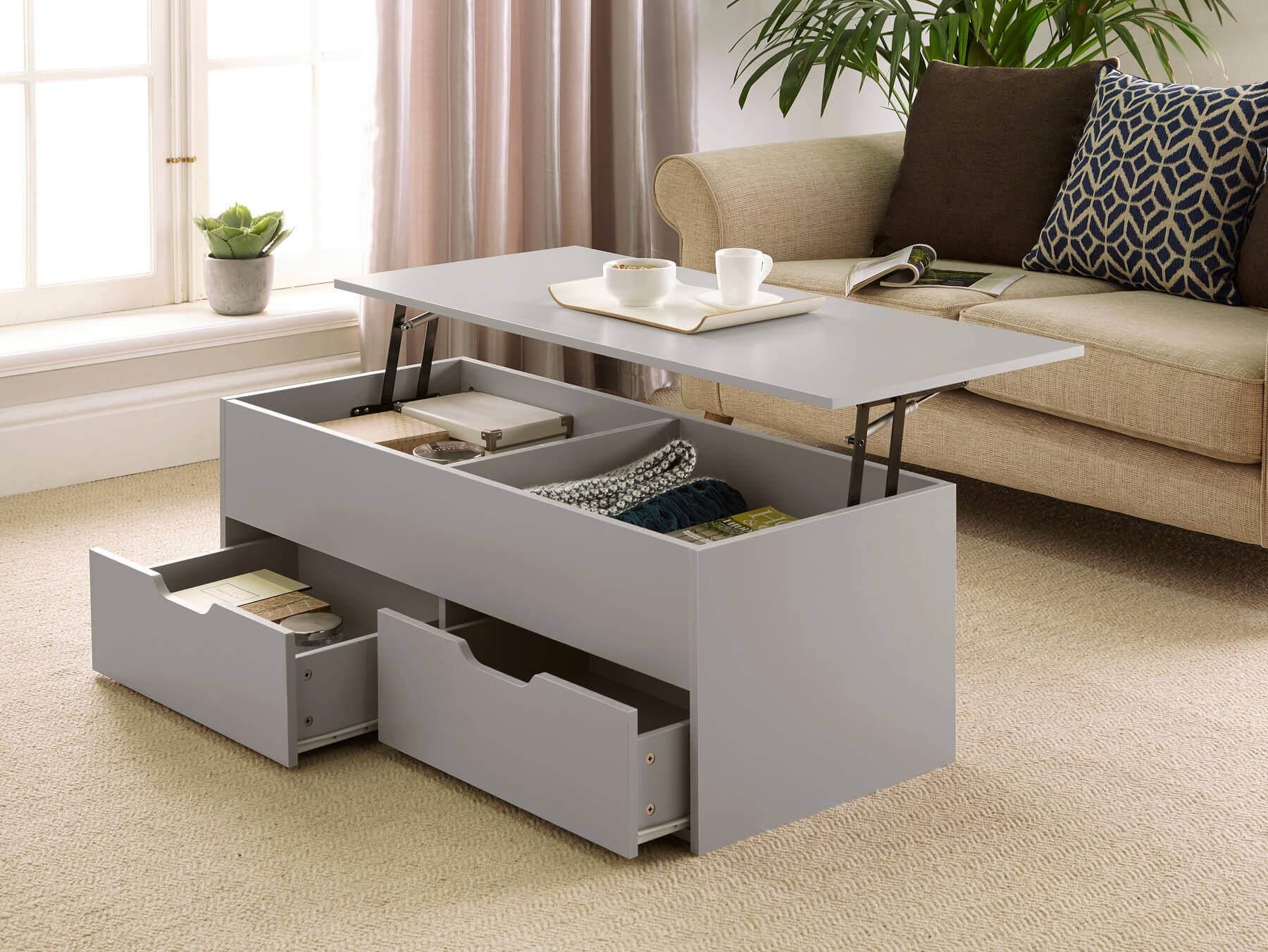 Grey Wooden Coffee Table With Lift Up Top And 2 Large Storage Drawers In Lift Top Coffee Tables With Storage Drawers (View 12 of 15)