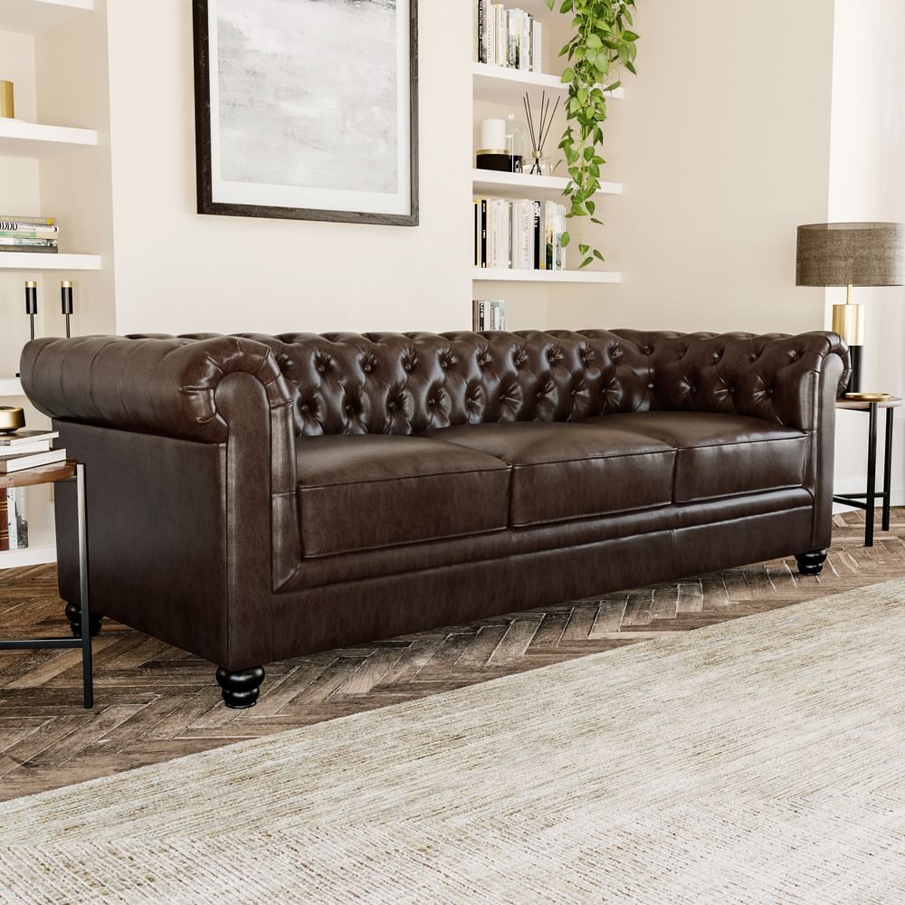 Hampton 3 Seater Chesterfield Sofa, Antique Chestnut Classic Faux Leather  Only £699.99 | Furniture And Choice In Faux Leather Sofas In Dark Brown (Photo 11 of 15)