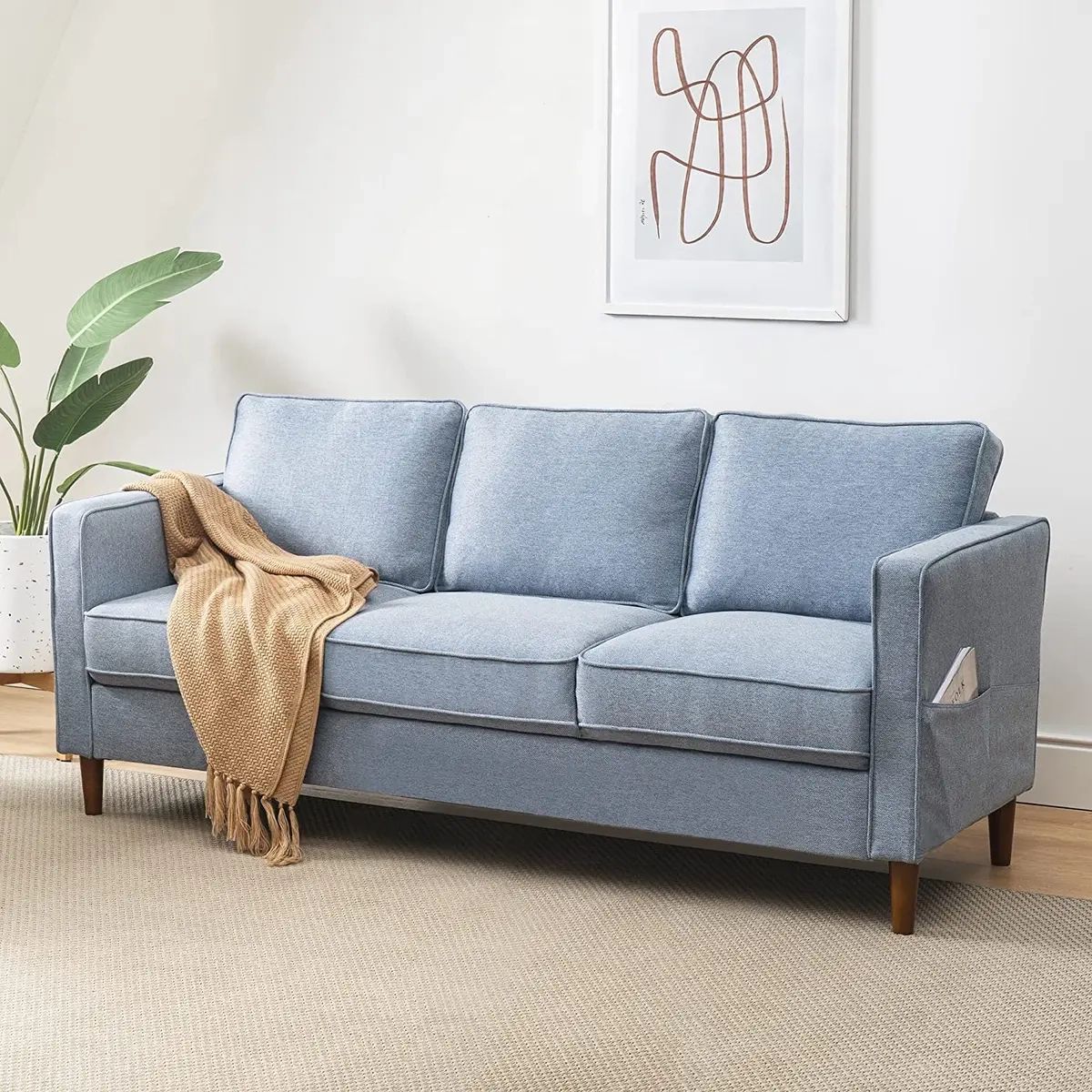 Hana Modern Linen Fabric Loveseat/sofa/couch With Armrest Pockets, Dusty  Blue | Ebay Pertaining To Modern Blue Linen Sofas (View 2 of 15)