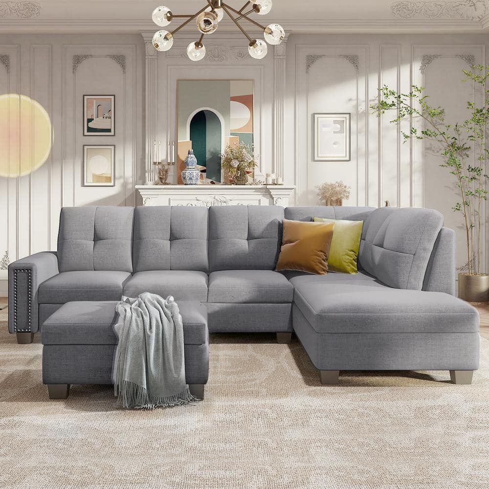 Harper & Bright Designs 108 In. Square Arm 6 Seater Storage Sofa In Light  Gray Cj381aaa – The Home Depot Throughout Sofas In Light Gray (Photo 14 of 15)