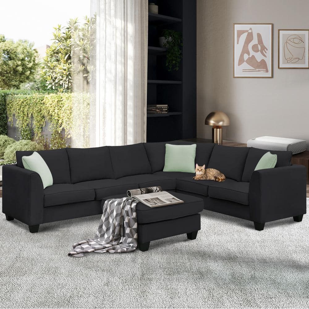 Harper & Bright Designs 112 In W Flared Arm Fabric L Shaped Sofa Corner  Couch Set In Black With Reversible Ottoman And 3 Pillows Gtt004aab – The  Home Depot Regarding Sofas In Black (Photo 1 of 15)