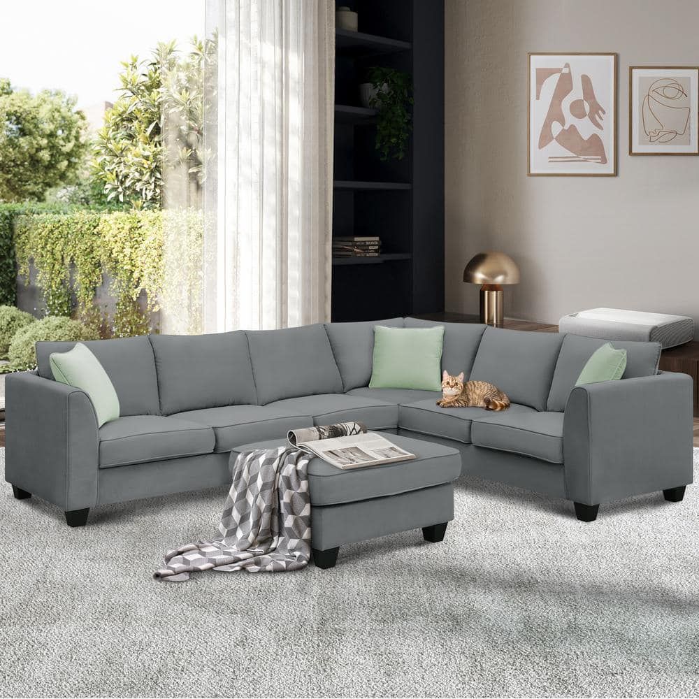Harper & Bright Designs 112 In W Flared Arm Fabric L Shaped Sofa Corner  Couch Set In Gray With Reversible Ottoman And 3 Pillows Gtt004aag – The  Home Depot Intended For Microfiber Sectional Corner Sofas (View 7 of 15)