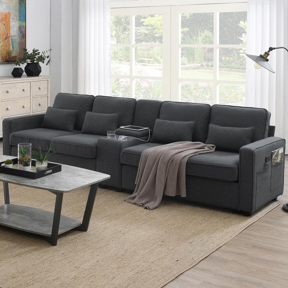 Harper & Bright Designs 114.2 In. W Square Arm Linen Rectangle Sofa In. Dark  Gray With Console, 2 Cup Holders, Wired And Wireless Charging Gtt010aar –  The Home Depot Inside Sofas In Dark Gray (Photo 15 of 15)