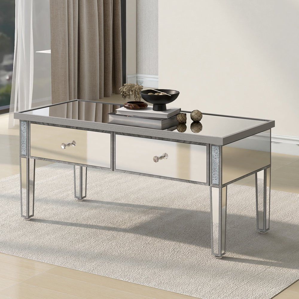 Hassch Mirrored Coffee Table With 2 Drawers, Modern Cocktail Table With Inside Hassch Modern Square Cocktail Tables (Photo 7 of 15)