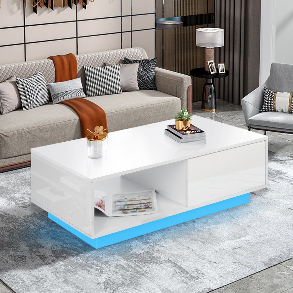 High Gloss Coffee Table With Drawers Storage, Led Modern Sofa Side End Regarding Coffee Tables With Drawers And Led Lights (View 9 of 15)