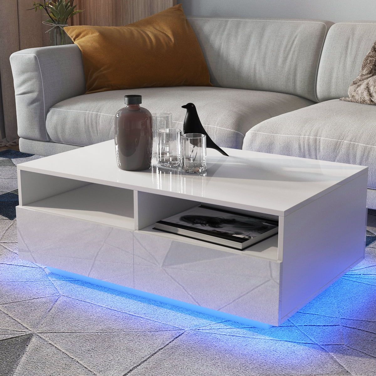 High Gloss Led Coffee Table With 4 Drawer+2 Grids Storage Modern Sofa With Regard To Led Coffee Tables With 4 Drawers (View 2 of 15)