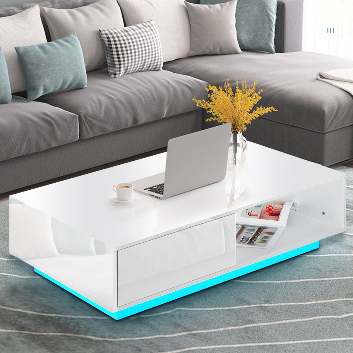 High Gloss Rgb Led Coffee Table With 2 Drawer Storage Modern Sofa Side Intended For Rectangular Led Coffee Tables (View 10 of 15)