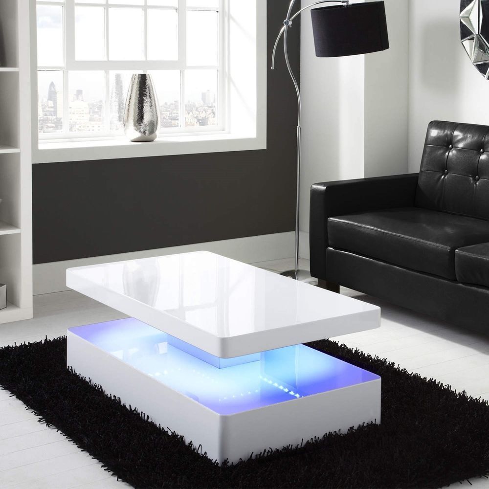 High Gloss White Coffee Table With Led Lighting | Ebay | Coffee Table Throughout Rectangular Led Coffee Tables (Photo 12 of 15)