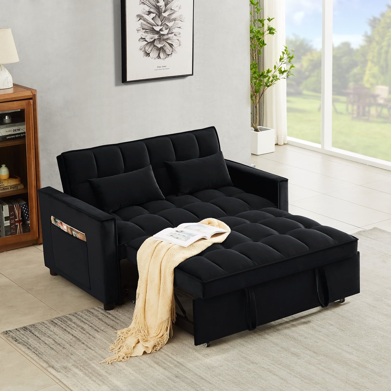 Holaki Small Velvet Convertible Loveseat Sleeper Sofa Couch With Adjustable  Backrest, 2 Seater Sofa With Pull Out Bed With 2 Lumbar Pillows For Small  Living Room & Apartment, Black – Walmart With 2 Seater Black Velvet Sofa Beds (View 7 of 15)