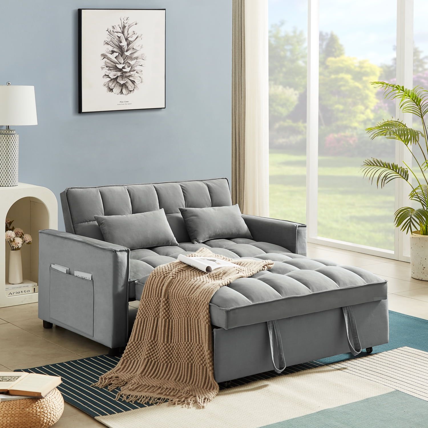 Holaki Small Velvet Convertible Loveseat Sleeper Sofa Couch With Adjustable  Backrest, 2 Seater Sofa With Pull Out Bed With 2 Lumbar Pillows For Small  Living Room & Apartment, Gray – Walmart Intended For Convertible Gray Loveseat Sleepers (View 2 of 15)