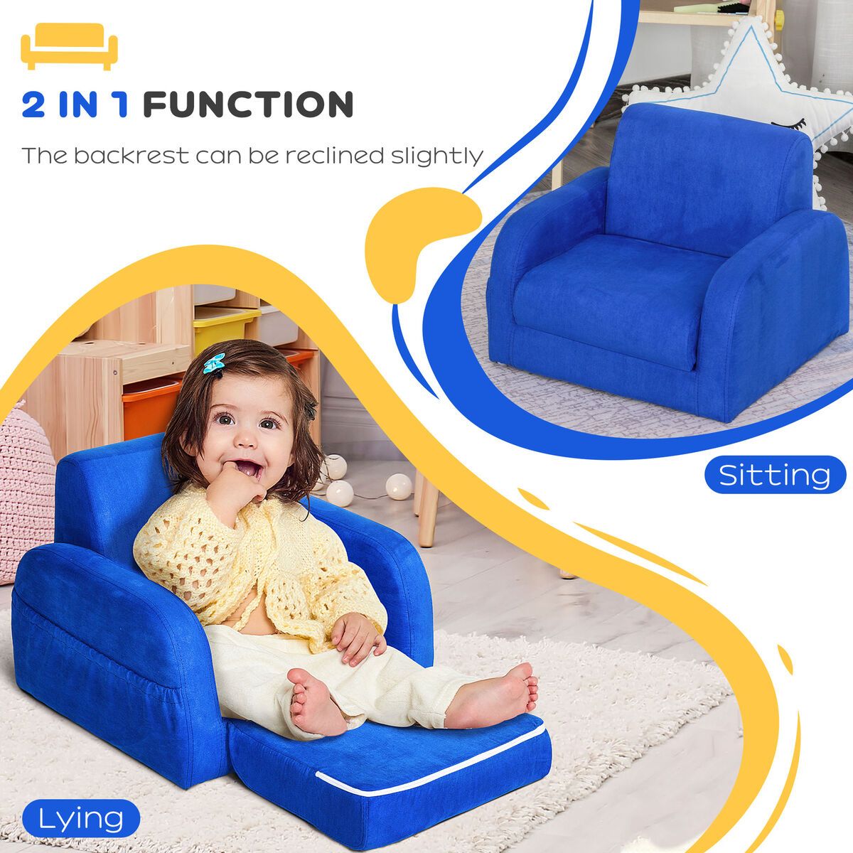 Homcom 2 In 1 Kids Armchair Sofa Bed Fold Out Padded Wood Frame Bedroom  Blue | Ebay Within 2 In 1 Foldable Children's Sofa Beds (Photo 4 of 15)