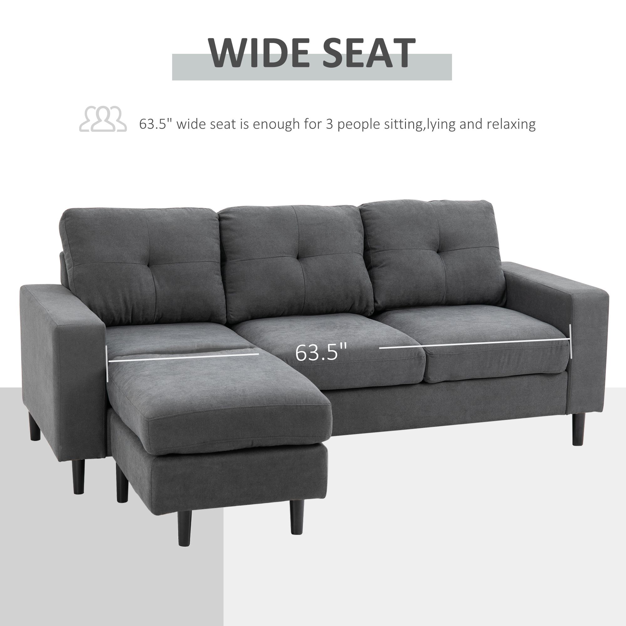Homcom L Shape 3 Seater Fabric Sofa Couch 1 Chaise Longue 1 Loveseat With  Rubber Wood Leg With Thick Sponge Cushion Armrest For Living Room Bedroom  Office Dark Grey Linen Frame | Aosom Regarding 3 Seat L Shaped Sofas In Black (View 10 of 15)