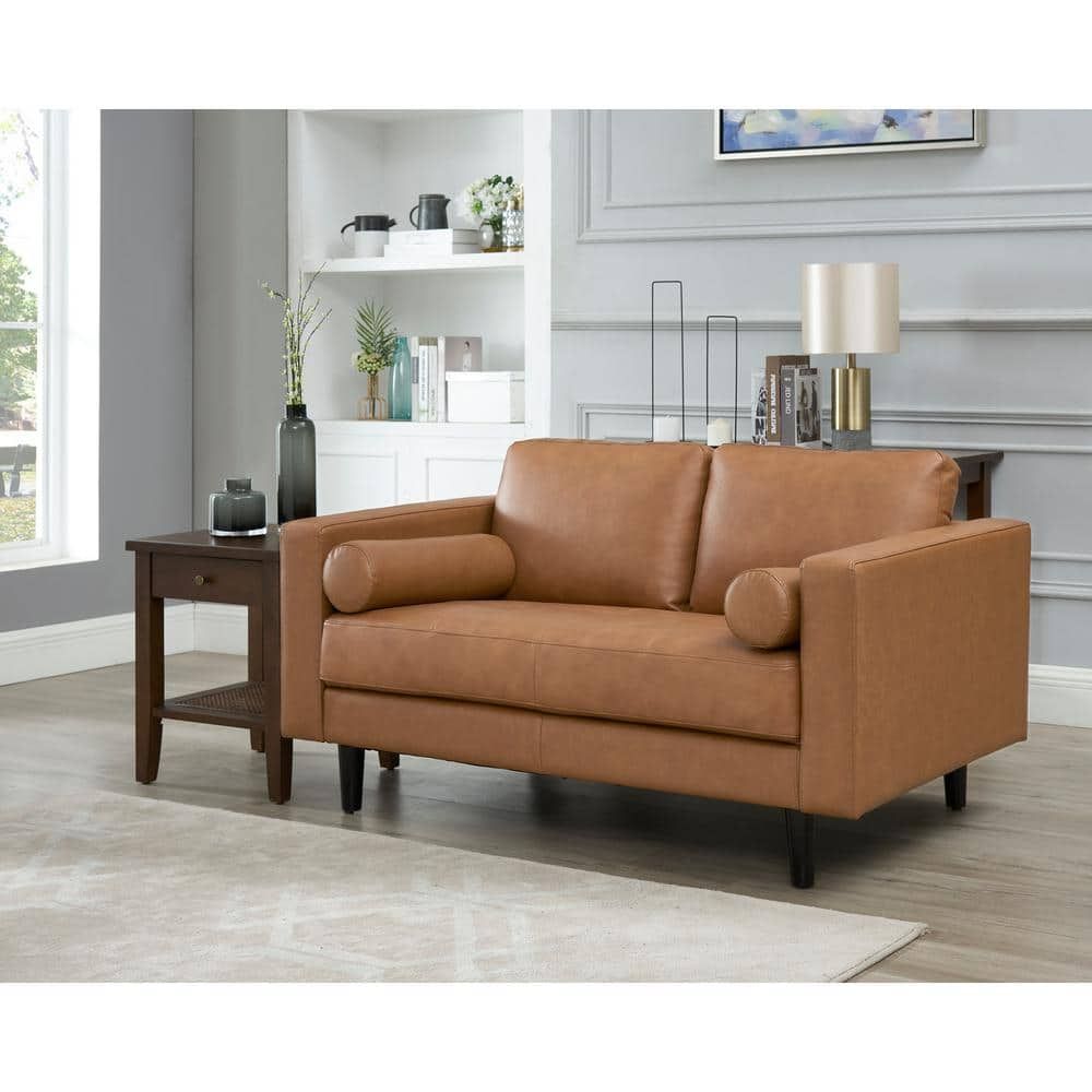Homestock Tan Top Grain Mid Century Loveseat Sofa, Leather Couch, Mid  Century Couch Small Loveseat 99740 W – The Home Depot In Top Grain Leather Loveseats (View 3 of 15)