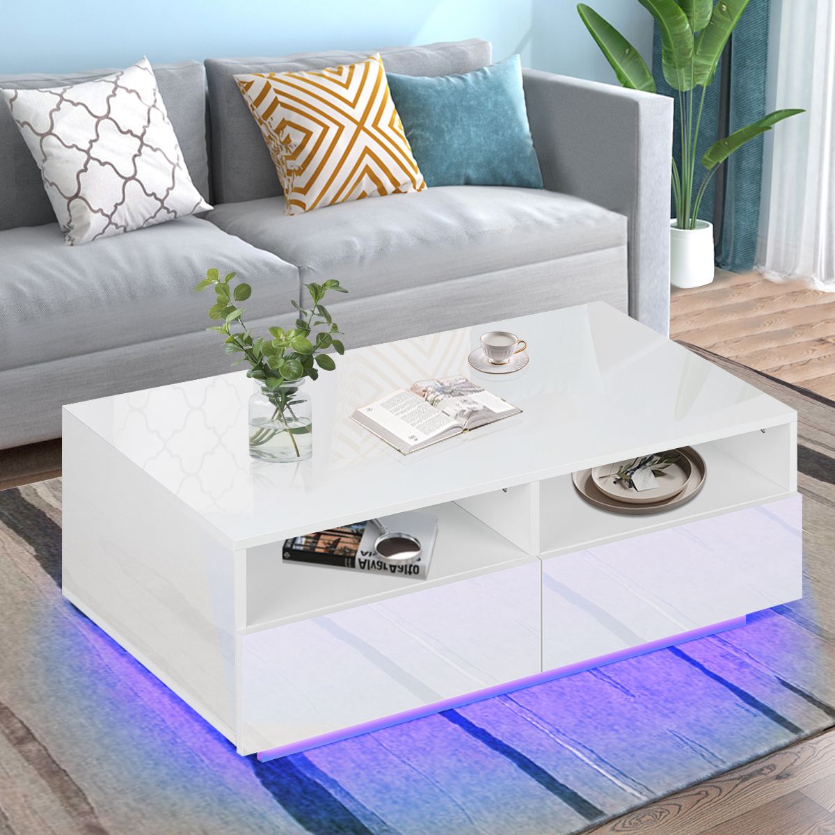 Hommpa High Gloss Led Coffee Table W/ 4 Drawers Living Room With Remote Throughout Led Coffee Tables With 4 Drawers (Photo 9 of 15)