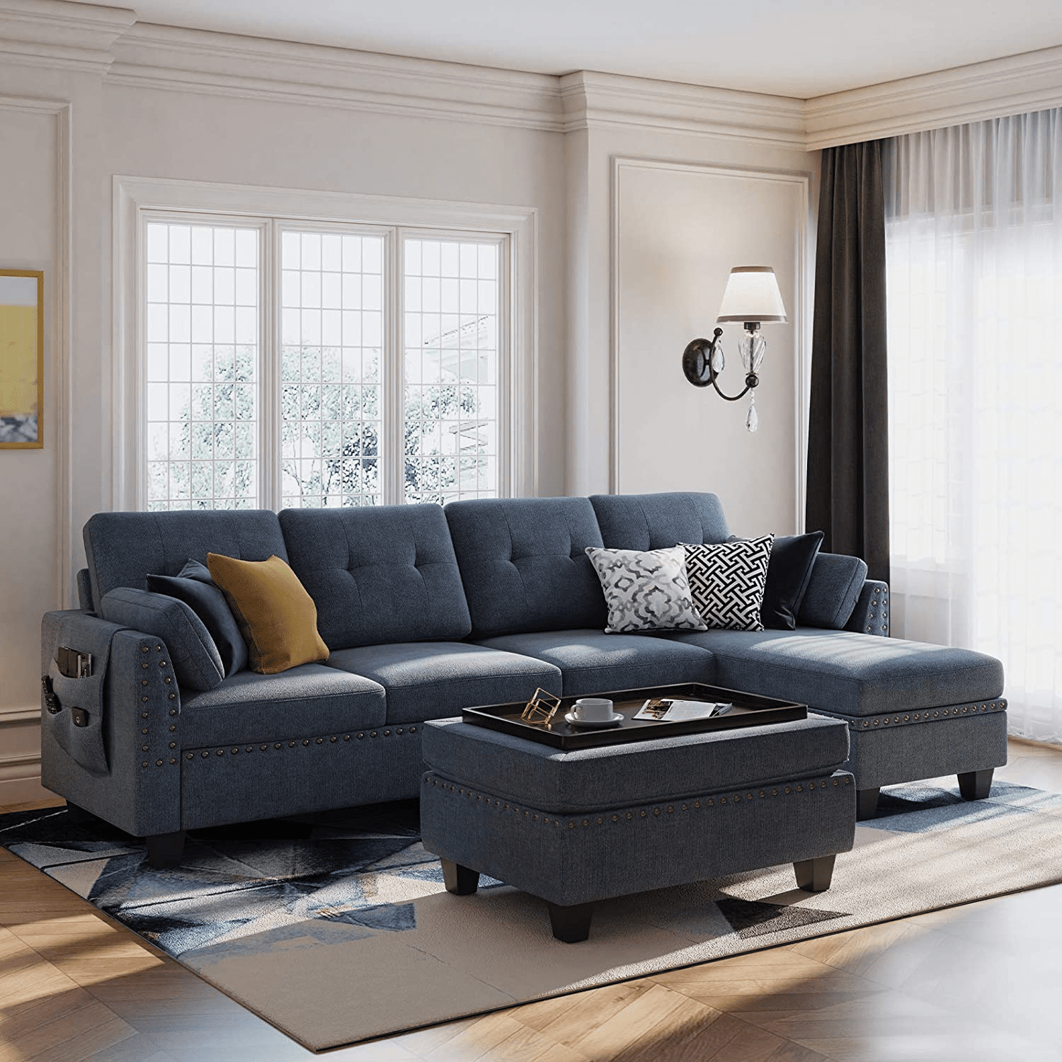 Honbay Convertible Sectional Sofa Set 4 Seat Couch With Tray Storage  Ottoman, Bluish Grey – Walmart Intended For Sofas In Bluish Grey (Photo 1 of 15)