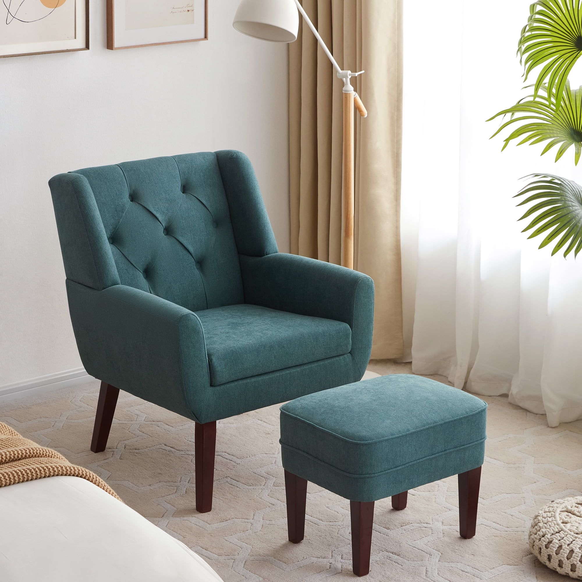 Huimo Accent Chair With Ottoman,mid Century Modern Upholstered Button  Tufted Armchair, Linen Fabric Sofa Comfy Reading Chairs For Living Room,  Bedroom,reception Room(dark Teal) – Walmart For Comfy Reading Armchairs (View 15 of 15)