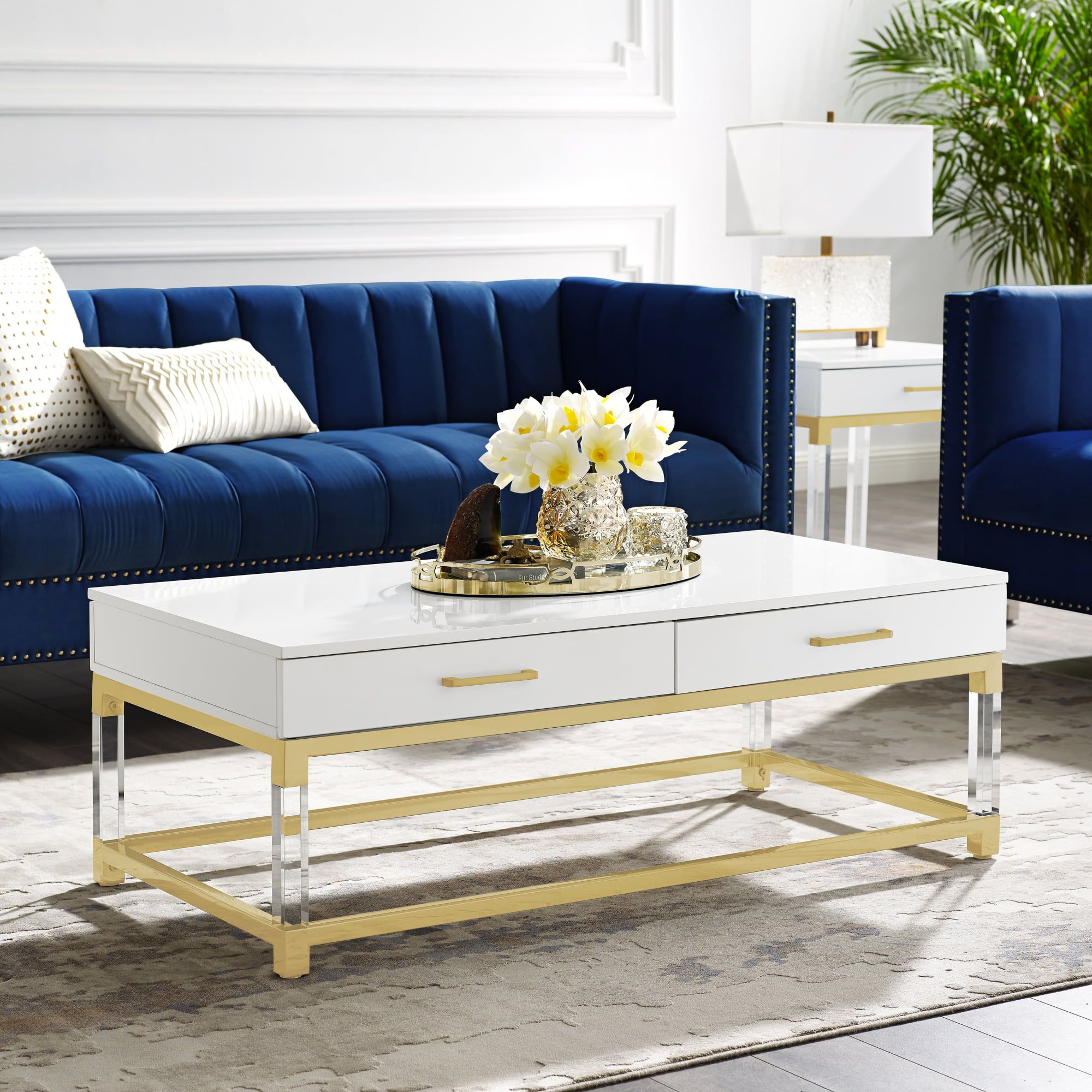 Inspired Home Alena Coffee Table 2 Drawers High Gloss Acrylic Legs Gold Throughout Glossy Finished Metal Coffee Tables (View 14 of 15)