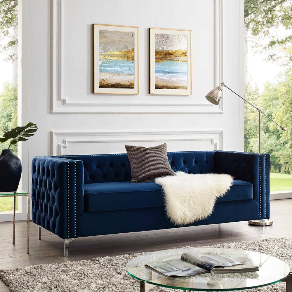 Inspired Home Olivia 34.5 In. Navy Velvet 3 Seater Tuxedo Sofa With  Nailheads Sa01 02ny Hd – The Home Depot For Sofas In Blue (Photo 14 of 15)
