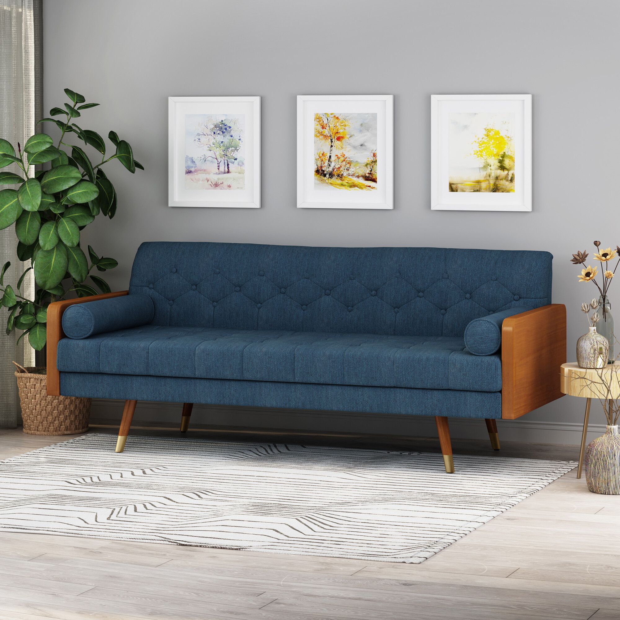 Jalon Mid Century Modern Tufted Fabric Sofa, Navy Blue And Dark Walnut In  Navy Blue/dark Walnutnoble House With Regard To Mid Century Modern Sofas (View 8 of 15)