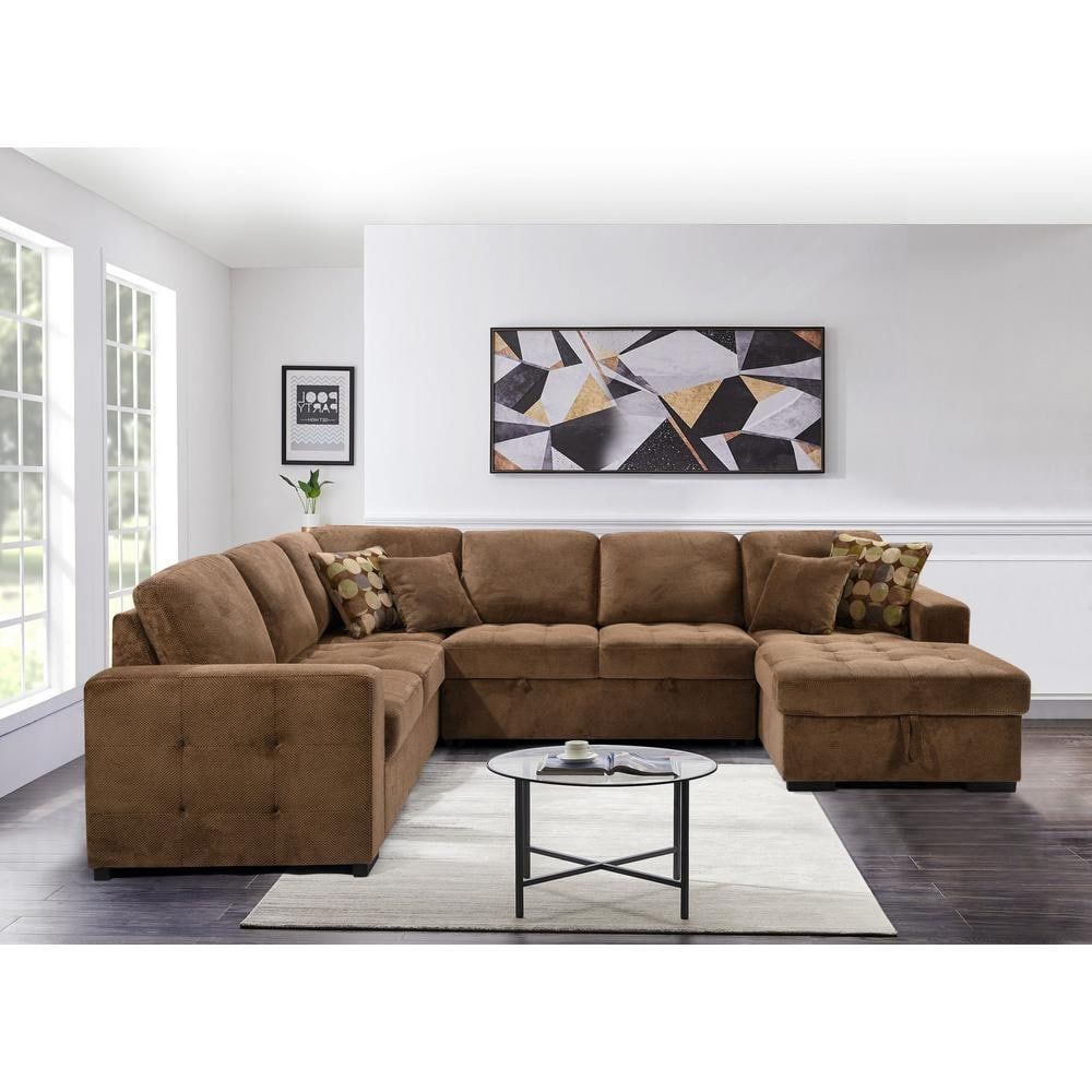 J&e Home 123.62 In. W 3 Piece Brown Linen L Shaped Sectional Sofa With Usb  Ports Gd Sg000227aaa – The Home Depot With Sofas With Ottomans In Brown (Photo 13 of 15)