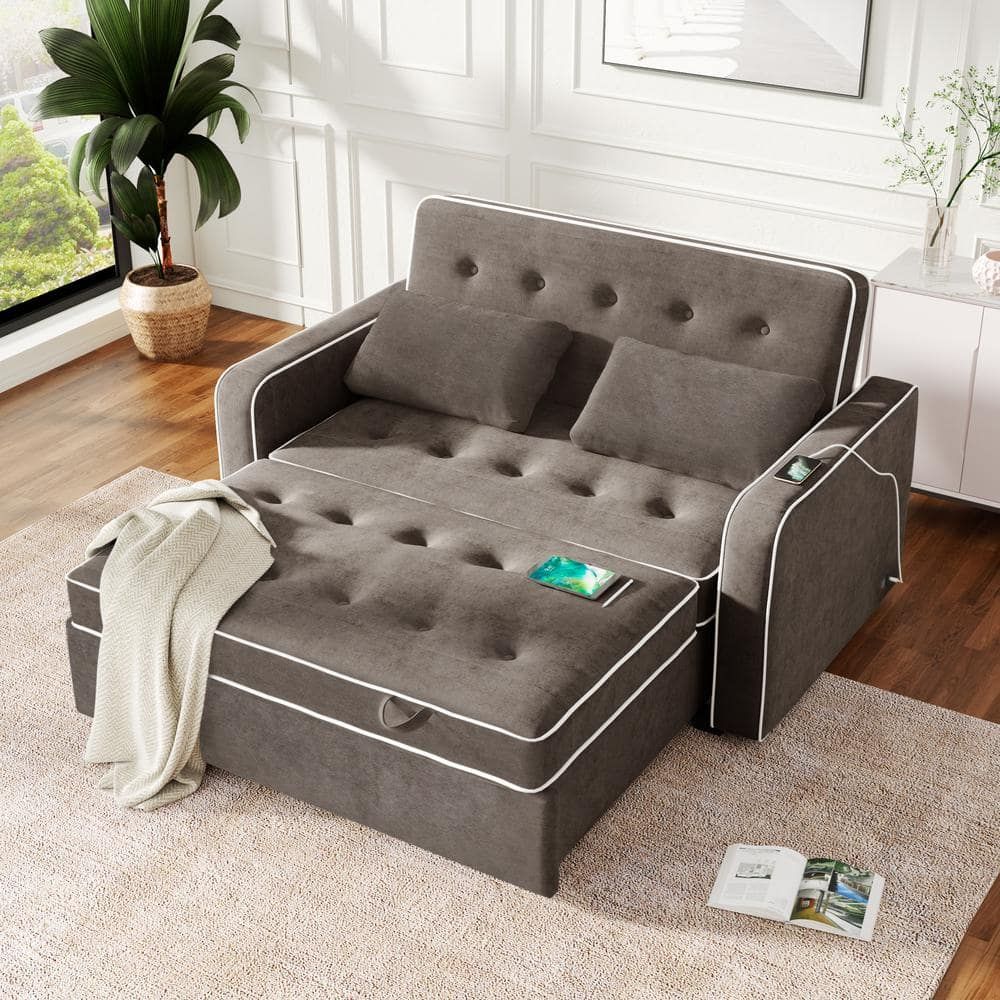 J&e Home 65.7 In. W Gray Linen Full Size Convertible 2 Seat Sleeper Sofa  Bed Adjustable Loveseat Couch With Dual Usb Ports Gd Wf284229aae – The Home  Depot Intended For Convertible Gray Loveseat Sleepers (Photo 15 of 15)