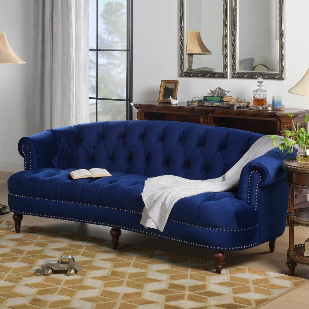 Jennifer Taylor La Rosa 85 In. Navy Blue Velvet 3 Seater Chesterfield Sofa  With Nailheads 2525 3 859 – The Home Depot Within Sofas In Blue (Photo 1 of 15)