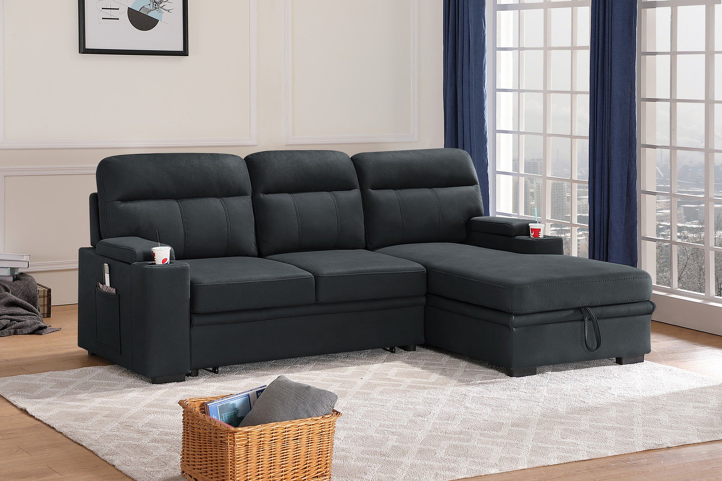 Kaden Black Fabric Sleeper Sectional Sofa Chaise With Storage Arms And  Cupholderlilola Home | 1stopbedrooms Regarding Left Or Right Facing Sleeper Sectionals (Photo 12 of 15)