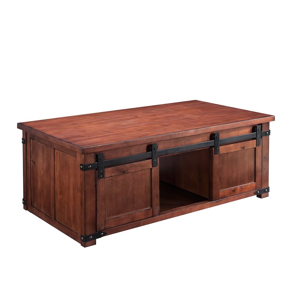 Kepooman Rustic Farmhouse Coffee Table With Sliding Barn Doors And Intended For Coffee Tables With Storage And Barn Doors (Photo 1 of 15)
