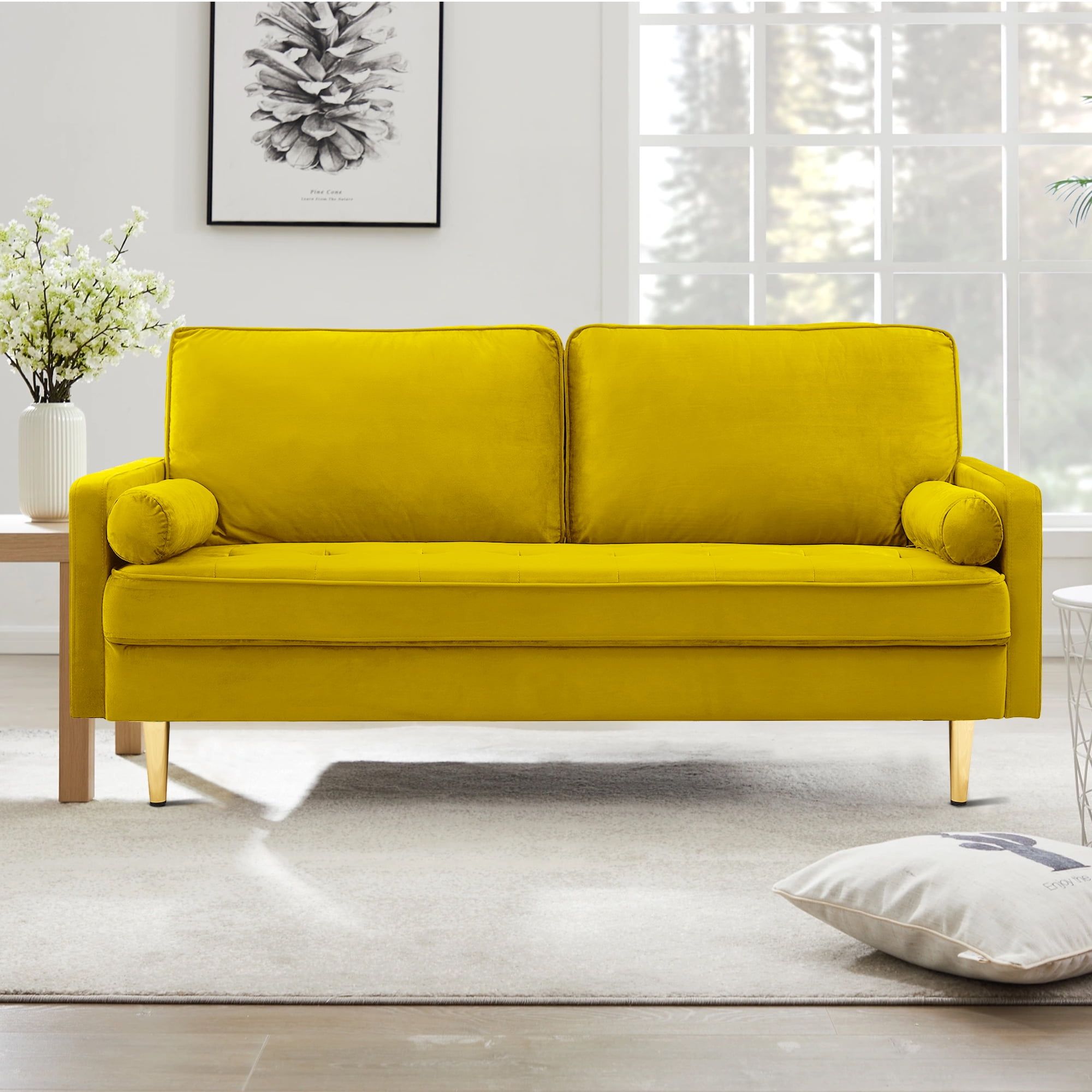 Kowilk Velvet Loveseat Sofa, 66.9'' Mid Century Modern Small Love Seats  With 2 Pillows & Golden Legs Comfy Couch For Living Room, Upholstered 2  Seater Sofa For Small Apartment ,yellow – Walmart Intended For Small Love Seats In Velvet (Photo 12 of 15)