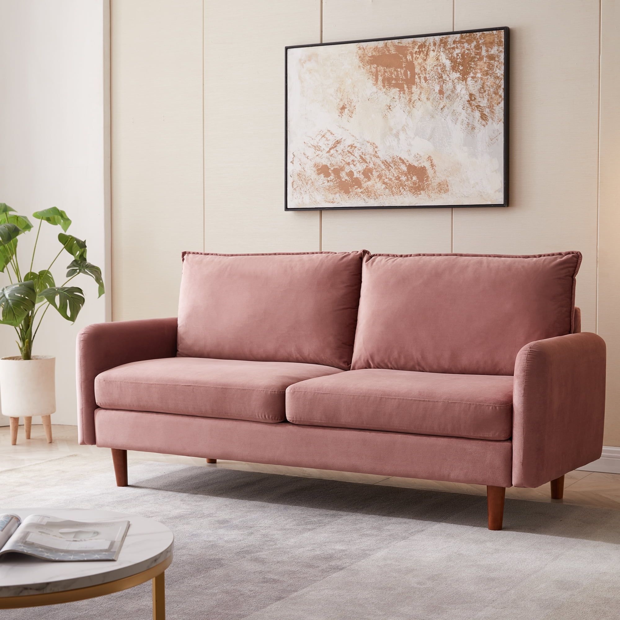 Kowilk Velvet Loveseat Sofa, 69'' Mid Century Modern Small Love Seats  Furniture Comfy Couch For Living Room, Upholstered 2 Seater Sofa For Small  Apartment（pink） – Walmart With Small Love Seats In Velvet (View 2 of 15)