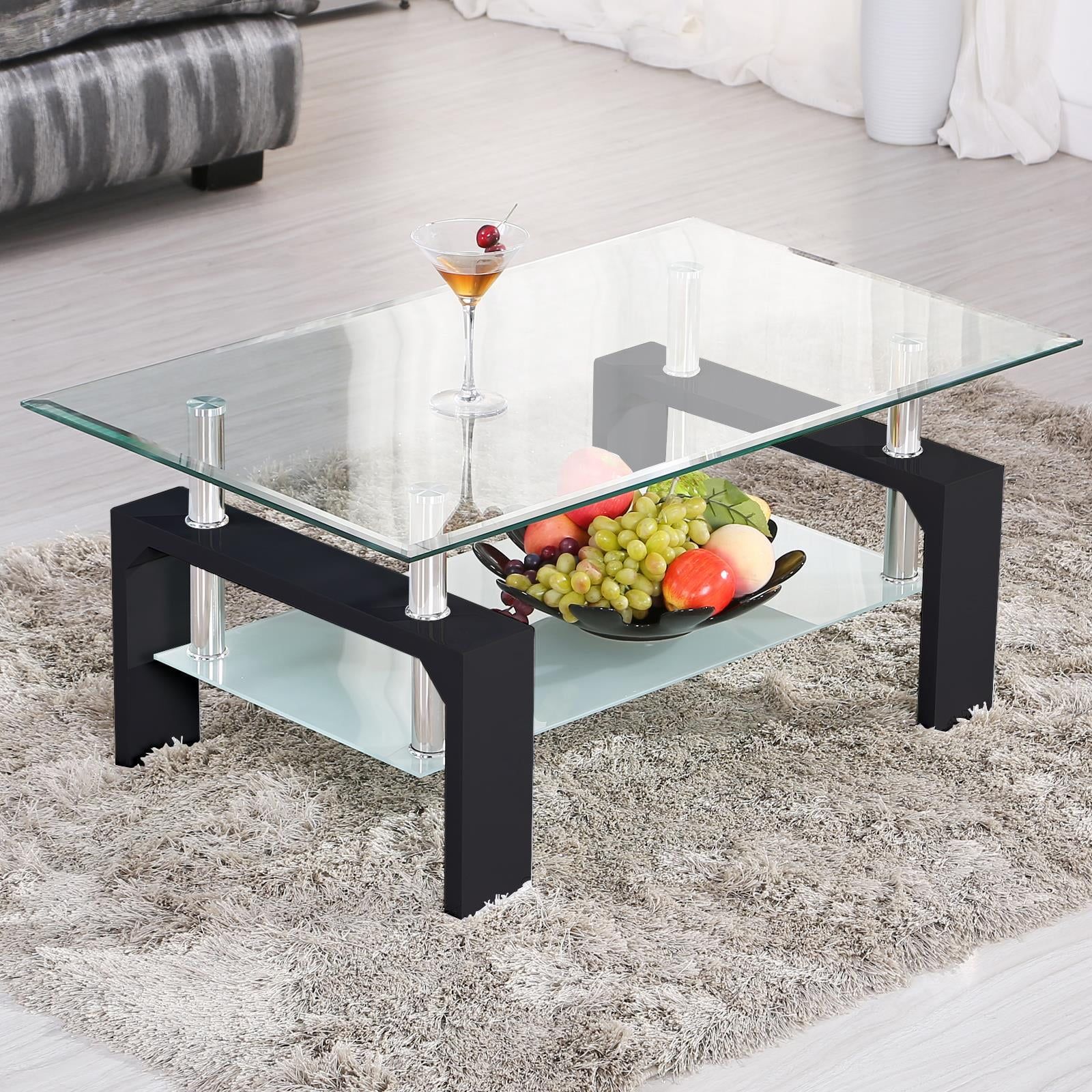 Ktaxon Rectangular Glass Coffee Table Shelf Wood Living Room Furniture In Rectangular Coffee Tables With Pedestal Bases (View 14 of 15)