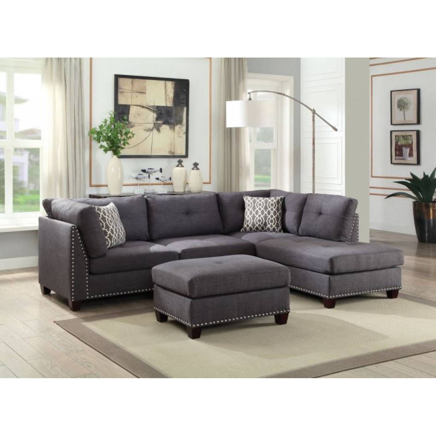 Laurissa Sectional Sofa & Ottoman (2 Pillows) In Light Charcoal Linen Pertaining To Light Charcoal Linen Sofas (View 14 of 15)