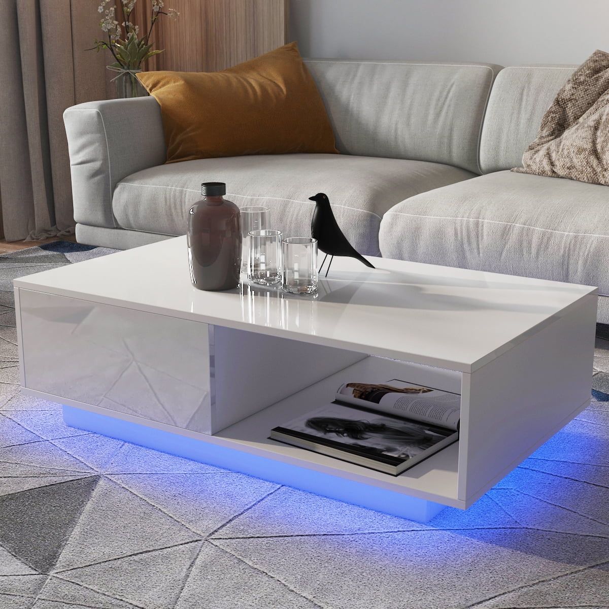 Led Coffee Table With Spacious Lower Shelf & 2 Drawers, Modern Sofa Intended For Rectangular Led Coffee Tables (Photo 14 of 15)