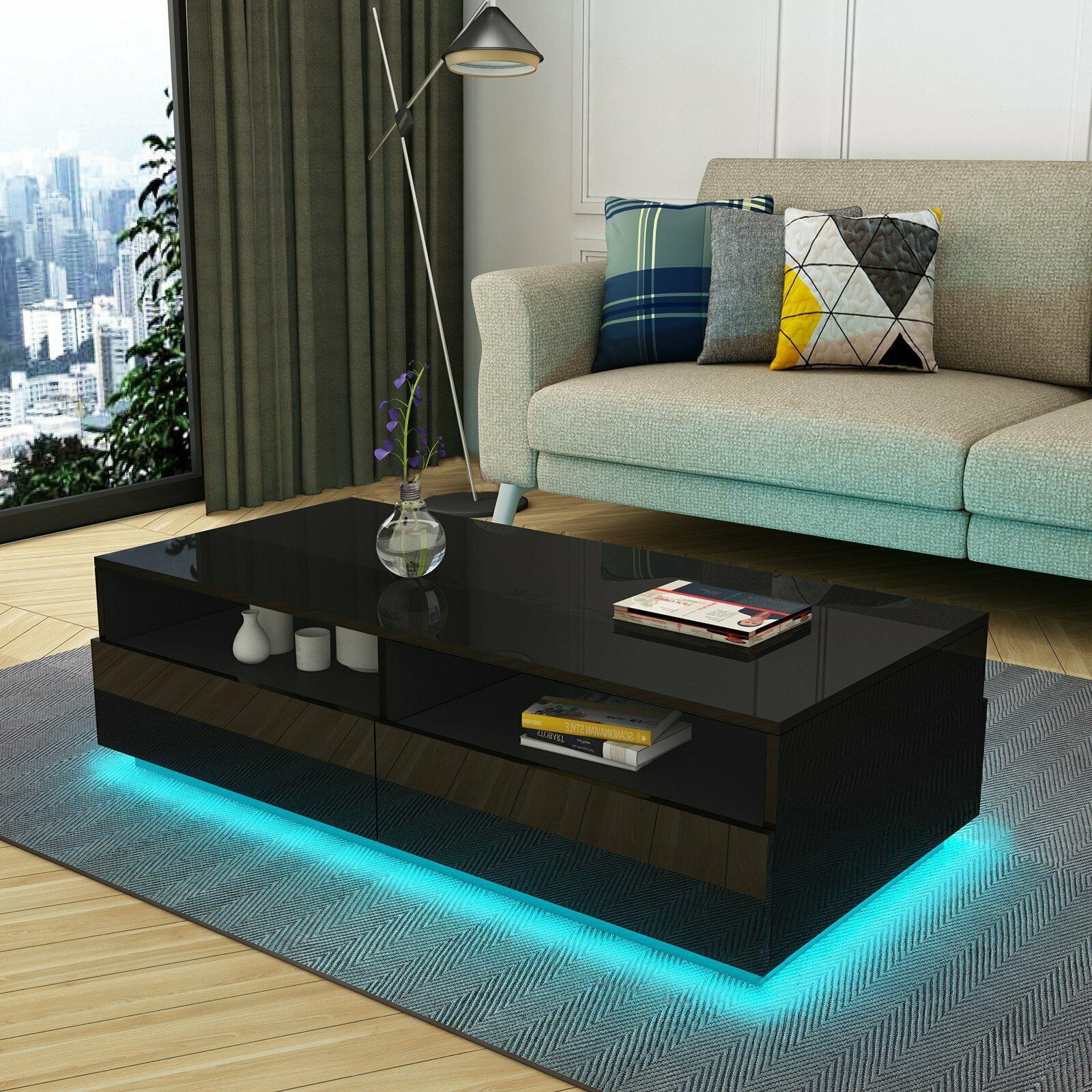 Led Rectangular Coffee Table Tea Modern Living Room Furniture Black Within Coffee Tables With Led Lights (View 15 of 15)