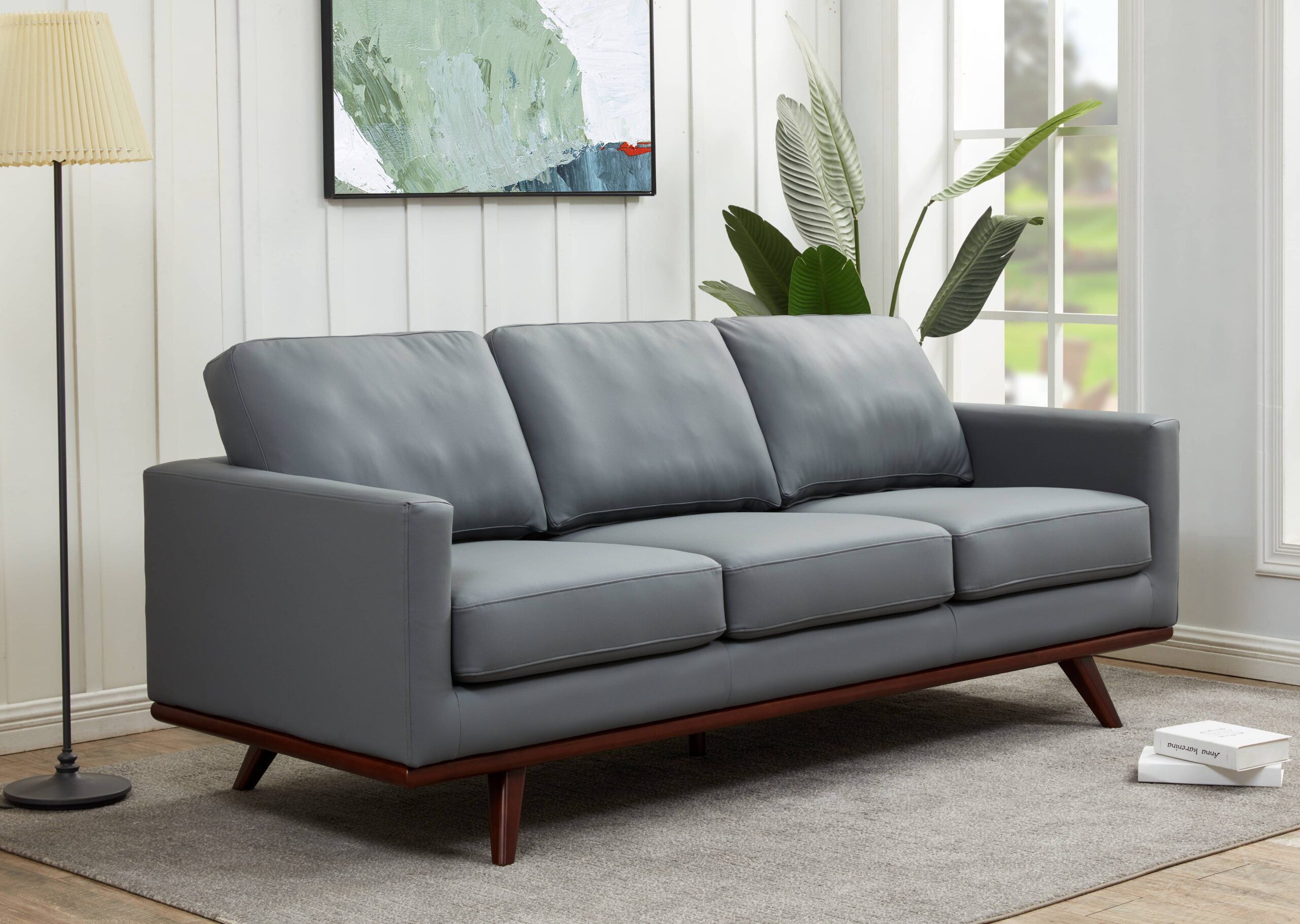 Leisuremod Chester Modern Leather 3 Seater Sofa With Birch Wood Base Mid  Century Living Room Couch (grey) – Walmart For Mid Century 3 Seat Couches (View 9 of 15)
