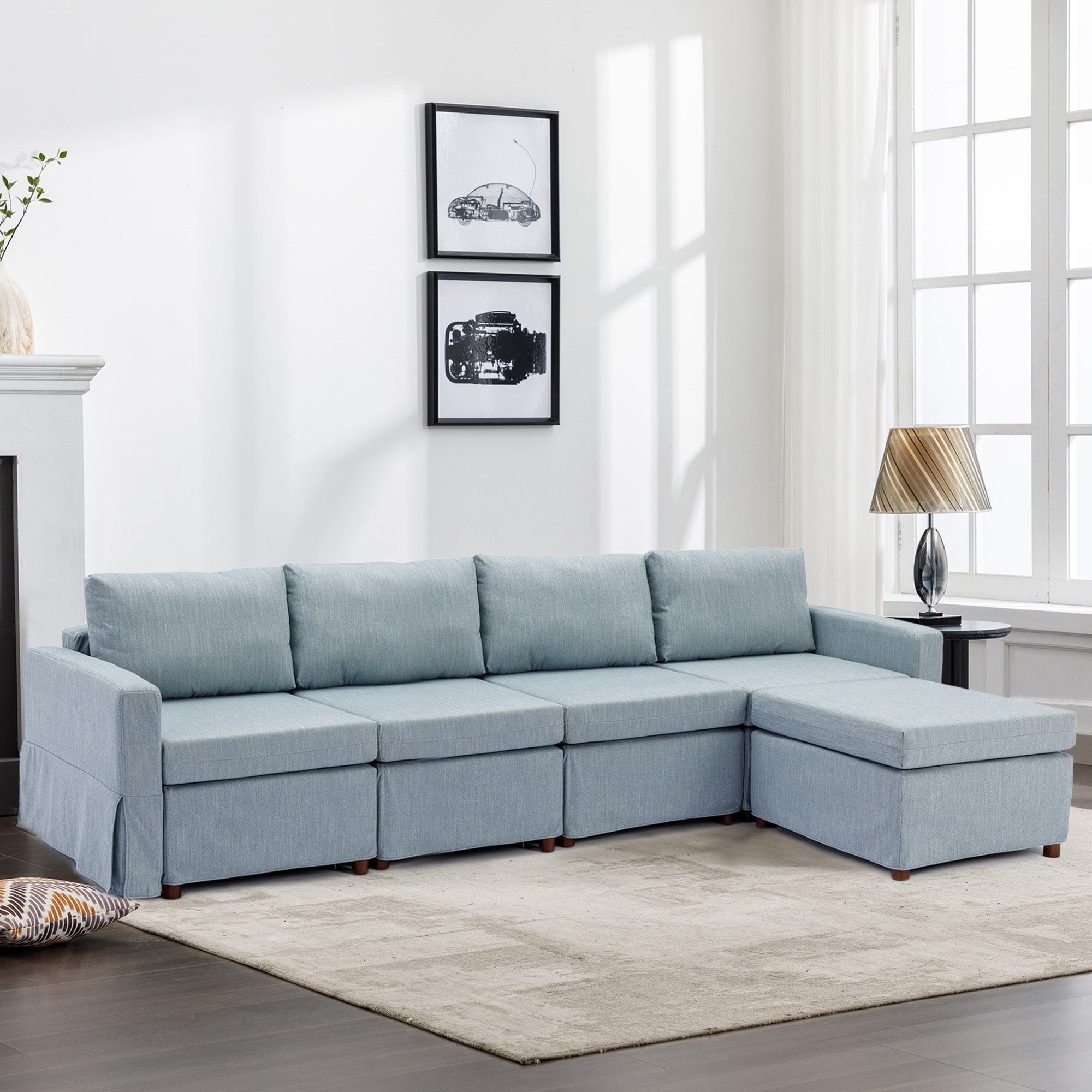 Light Blue Modern 4+1 Pc Linen Modular Sectional Sofa Couch Set – Bed Bath  & Beyond – 39614814 In Modern Blue Linen Sofas (View 9 of 15)