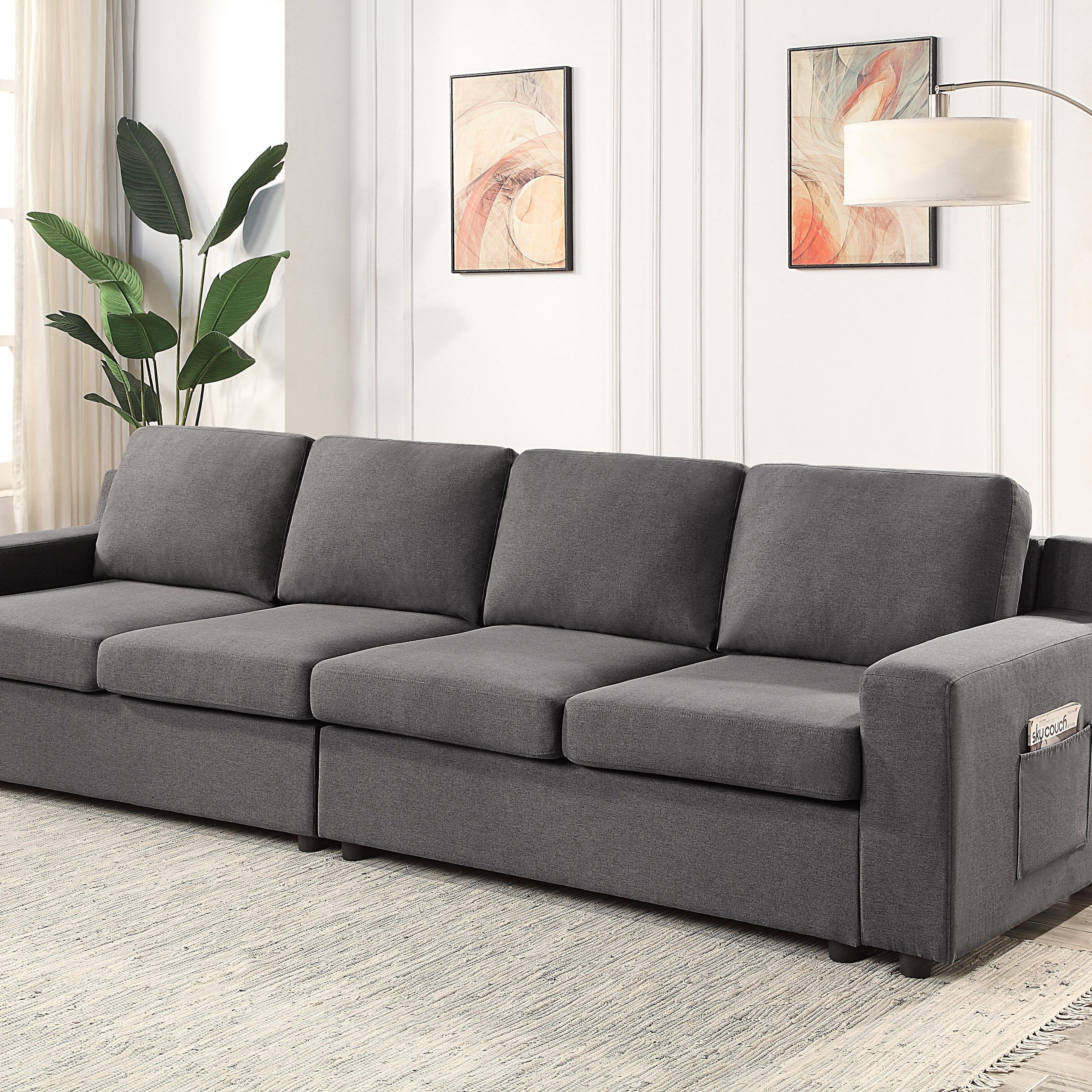 Lilola Waylon Gray Linen 4 Seater Sofa With Pockets | Wayfair For Gray Linen Sofas (Photo 1 of 15)