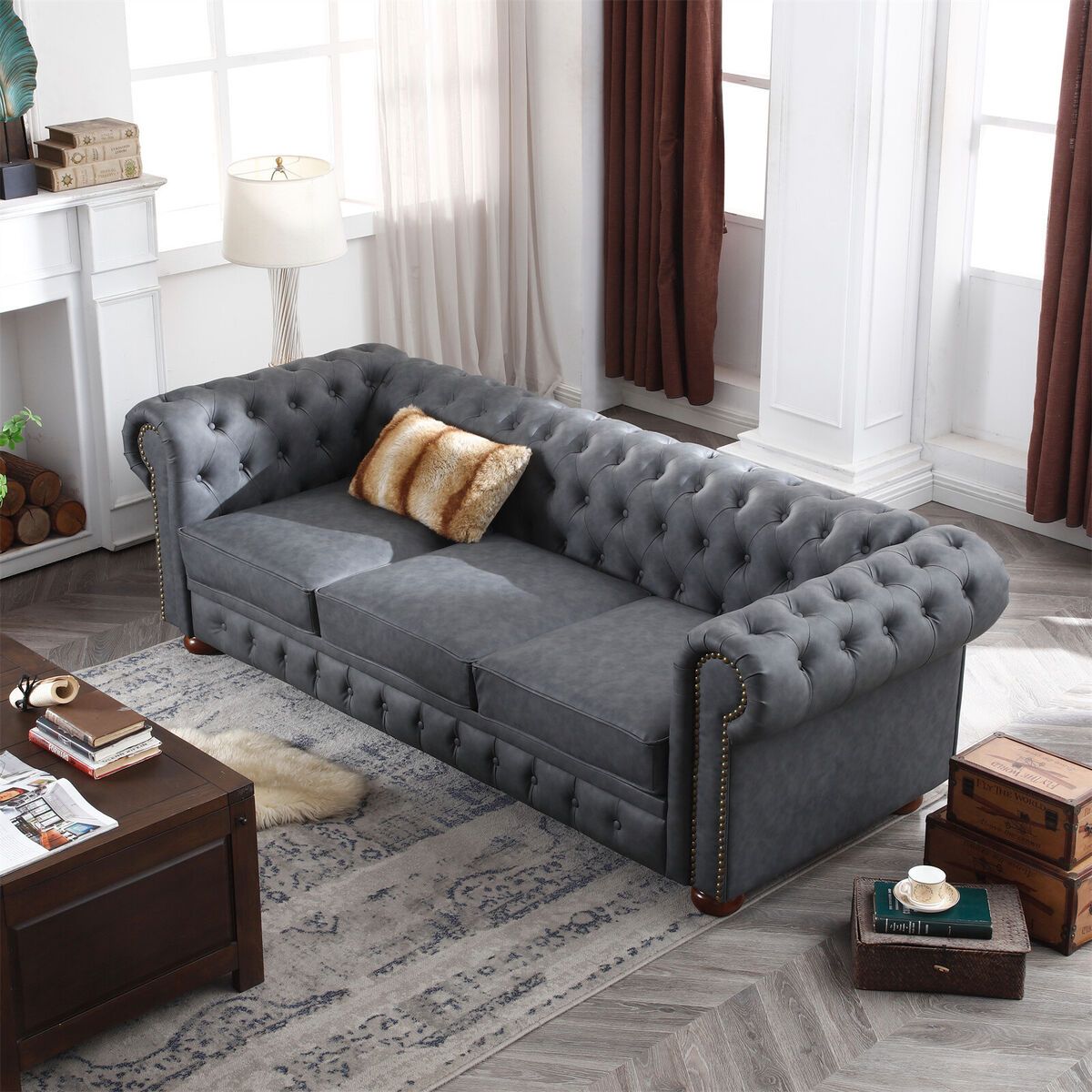 Living Room Office 3 Seater Chesterfield Faux Leather Sofa Tufted Couch  Classic | Ebay Throughout Traditional 3 Seater Faux Leather Sofas (Photo 14 of 15)