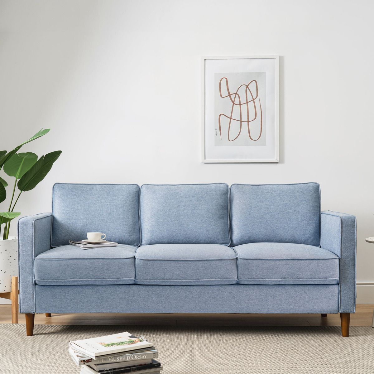 Living Room Sofa Couch Modern 3 Seater Blue Linen Couch With Armrest  Pockets | Ebay With Regard To Modern Blue Linen Sofas (Photo 4 of 15)