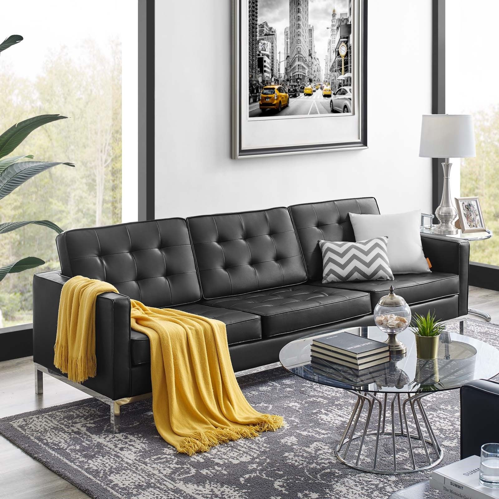 Loft Tufted Upholstered Faux Leather Sofa In Silver Black – Hyme Furniture Within Tufted Upholstered Sofas (View 12 of 15)