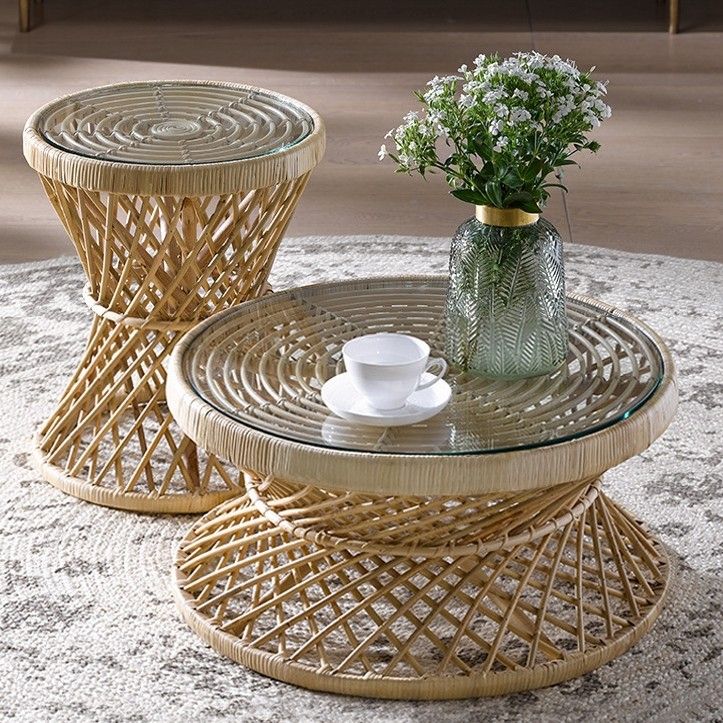 Luxury Oza Rustic Cottage Rattan Coffee Table Round Glass Top Coffee Inside Rattan Coffee Tables (View 15 of 15)