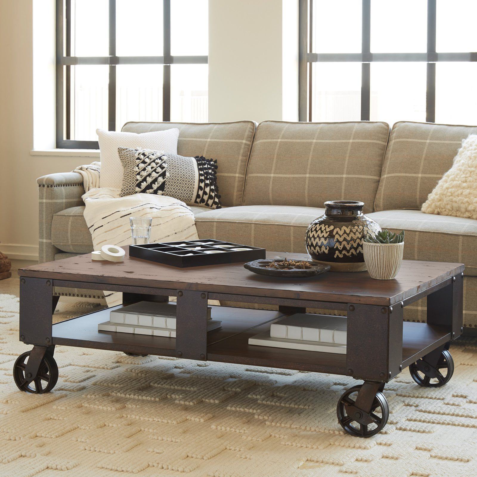 Magnussen T1755 Pinebrook Wood Rectangular Coffee Table With 2 Braking Intended For Coffee Tables With Casters (Photo 1 of 15)