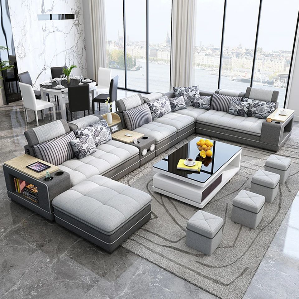 Manbas Modern Fabric Sofa Set With Bluetooth Speaker Sound System Living  Room Sofas Big U Shape Corner Cloth Couch With Stools Within Modern U Shaped Sectional Couch Sets (View 7 of 15)