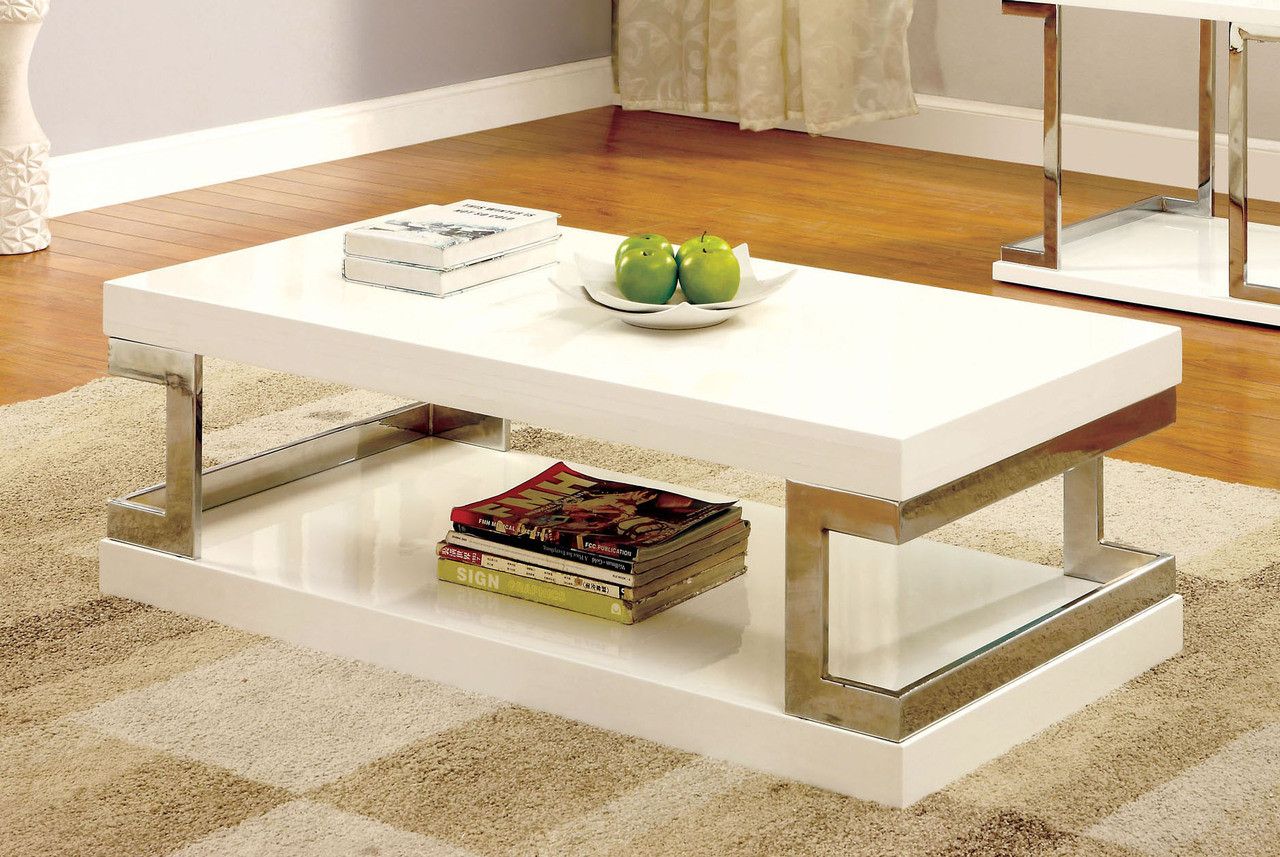 Messina Contemporary White Gloss Chrome Coffee Table With Regard To Glossy Finished Metal Coffee Tables (View 11 of 15)