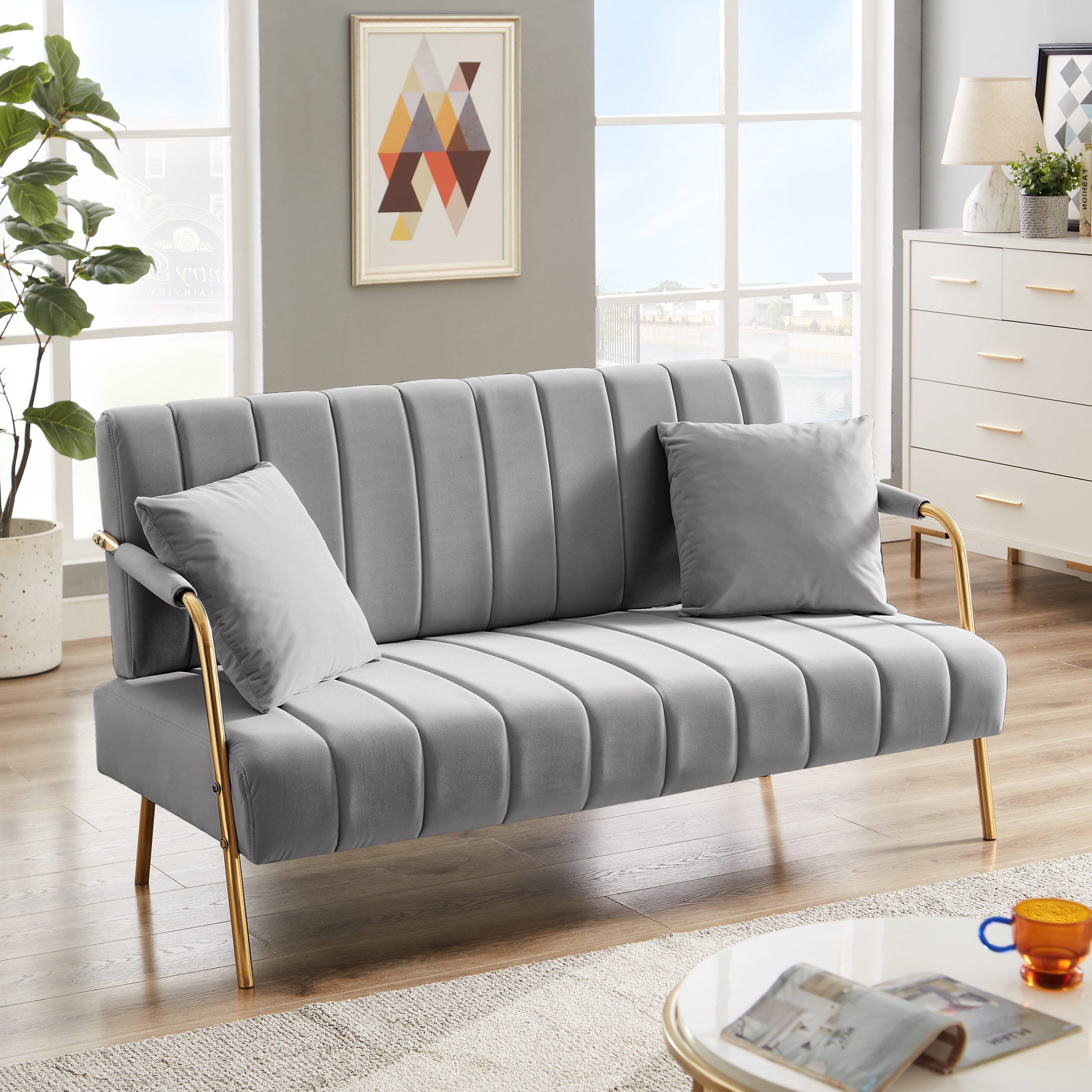 Mid Century Modern Velvet Upholstered Fabric Sofa, Recliner Couch Accent  Sofa Loveseat Sofa With Gold Metal Leg &throw Pillows, Tufted Futon Sofa  For Living Room, Small Space, Apartment, Beige – Walmart Intended For Modern Velvet Sofa Recliners With Storage (View 12 of 15)