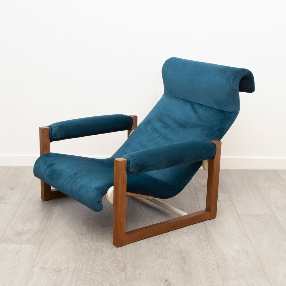 Midcentury Reclining Armchair With Blue Velvet Upholstery For Modern Velvet Upholstered Recliner Chairs (Photo 14 of 15)
