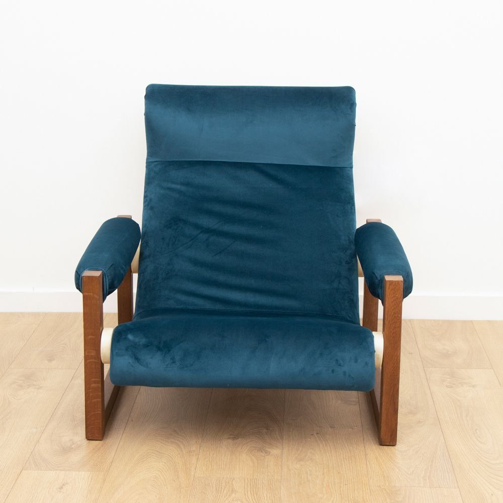 Midcentury Reclining Armchair With Blue Velvet Upholstery Pertaining To Modern Velvet Upholstered Recliner Chairs (View 13 of 15)