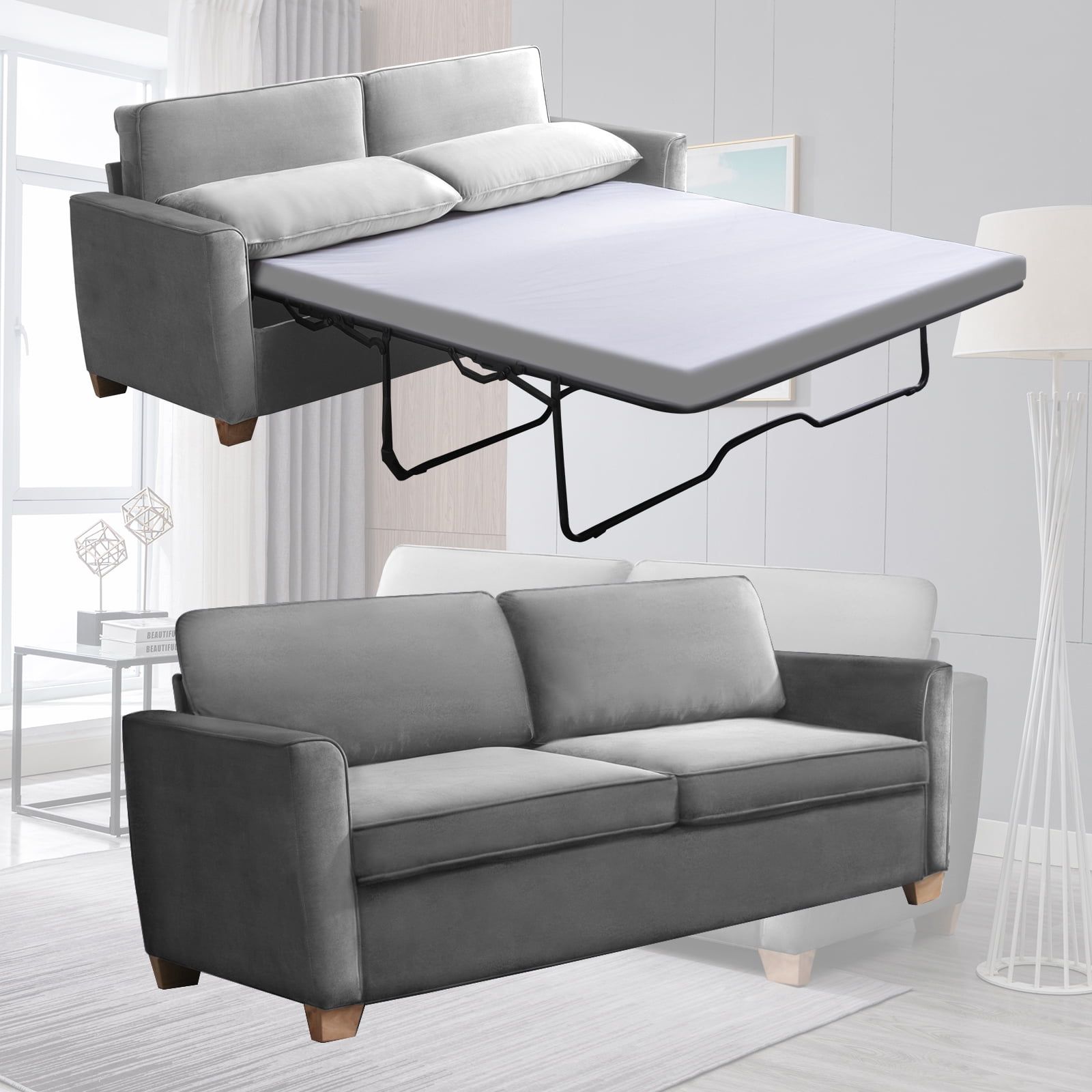 Mixoy 2 In 1 Pull Out Sofa Bed, Velvet Loveseat Sleeper Sofa Bed With  Folding Mattress, Pull Out Couch Bed Suitable For Living Room, Full Size Sofa  Sleeper For Apartment/small Spaces (queen,grey) – Walmart For 2 In 1 Gray Pull Out Sofa Beds (View 2 of 15)