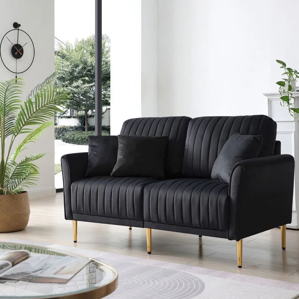 Modern 2 Seater Tufted Loveseat Sofa Upholstered Sofa With Gold Metal Legs  Black | Ebay For Black Velvet 2 Seater Sofa Beds (View 7 of 15)